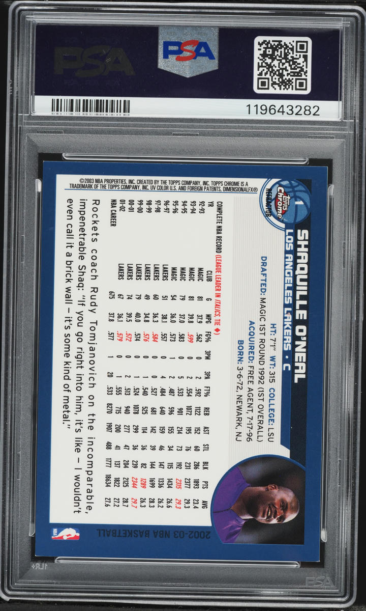 2002 Topps Chrome Refractor Shaquille O'Neal #1 PSA 9 MINT