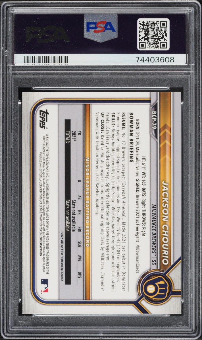 2022 Bowman Chrome Sapphire Jackson Chourio PROSPECT #BCP-79 PSA 10 GEM MINT
