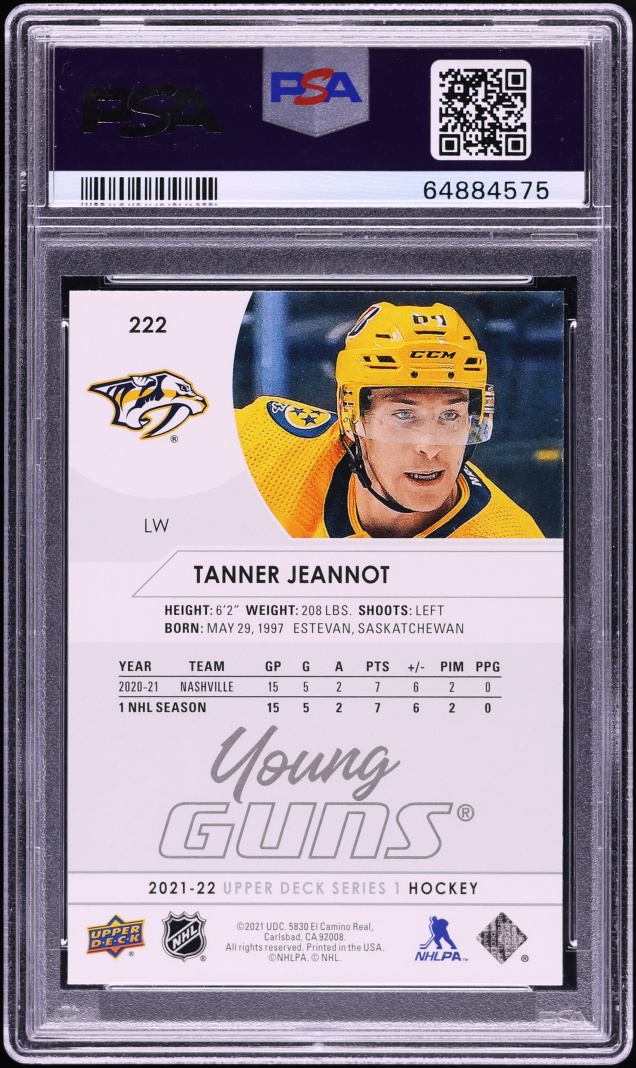 2021 Upper Deck Young Guns Tanner Jeannot ROOKIE #222 PSA 10 GEM MINT