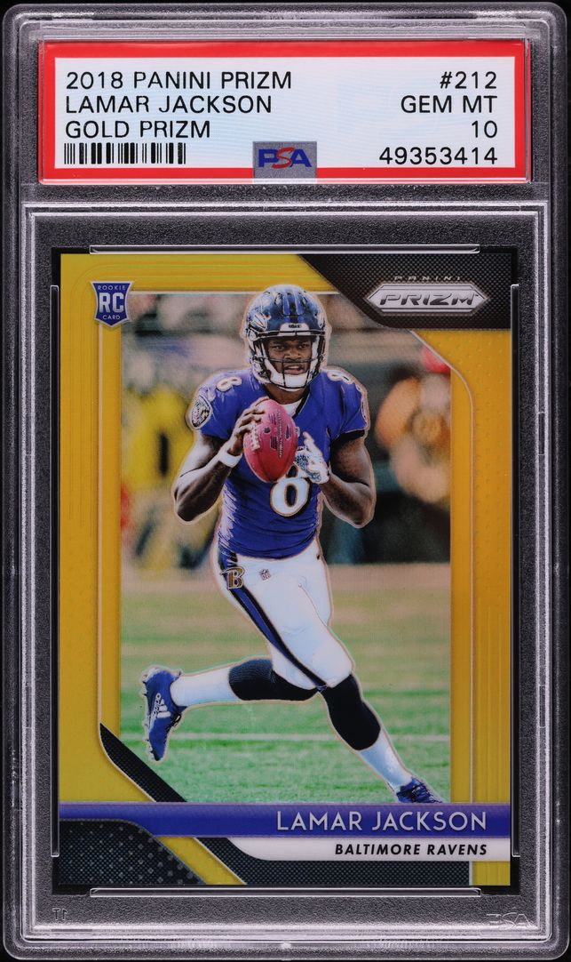 2018 Panini Prizm Gold Lamar Jackson ROOKIE JSY # 8/10 #212 PSA 10 GEM MINT