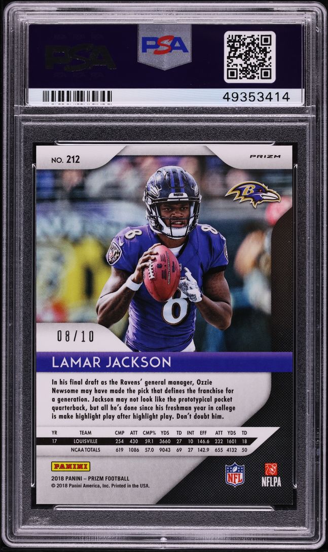 2018 Panini Prizm Gold Lamar Jackson ROOKIE JSY # 8/10 #212 PSA 10 GEM MINT