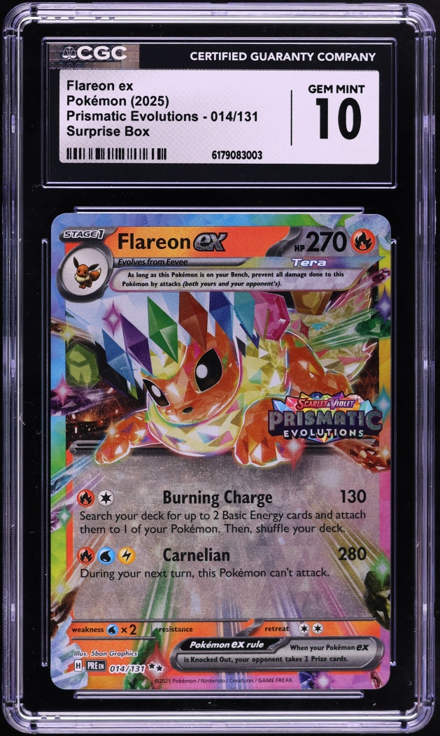 2025 Pokemon Scarlet & Violet Prismatic Evolutions Surprise Box Holo Flareon ex #14 CGC 10 GEM