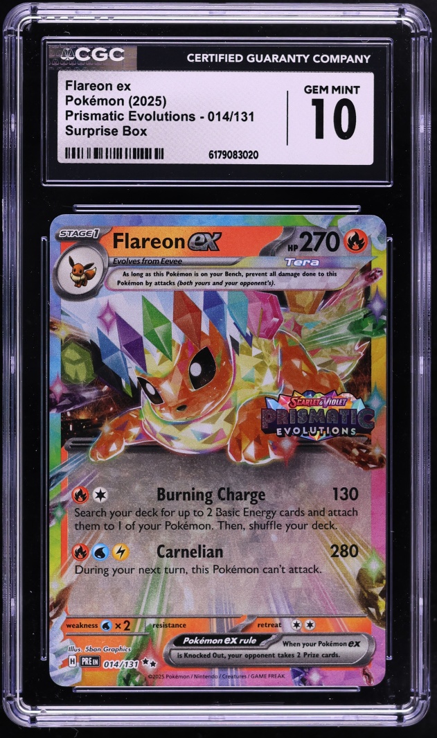2025 Pokemon Scarlet & Violet Prismatic Evolutions Surprise Box Holo Flareon ex #14 CGC 10 GEM