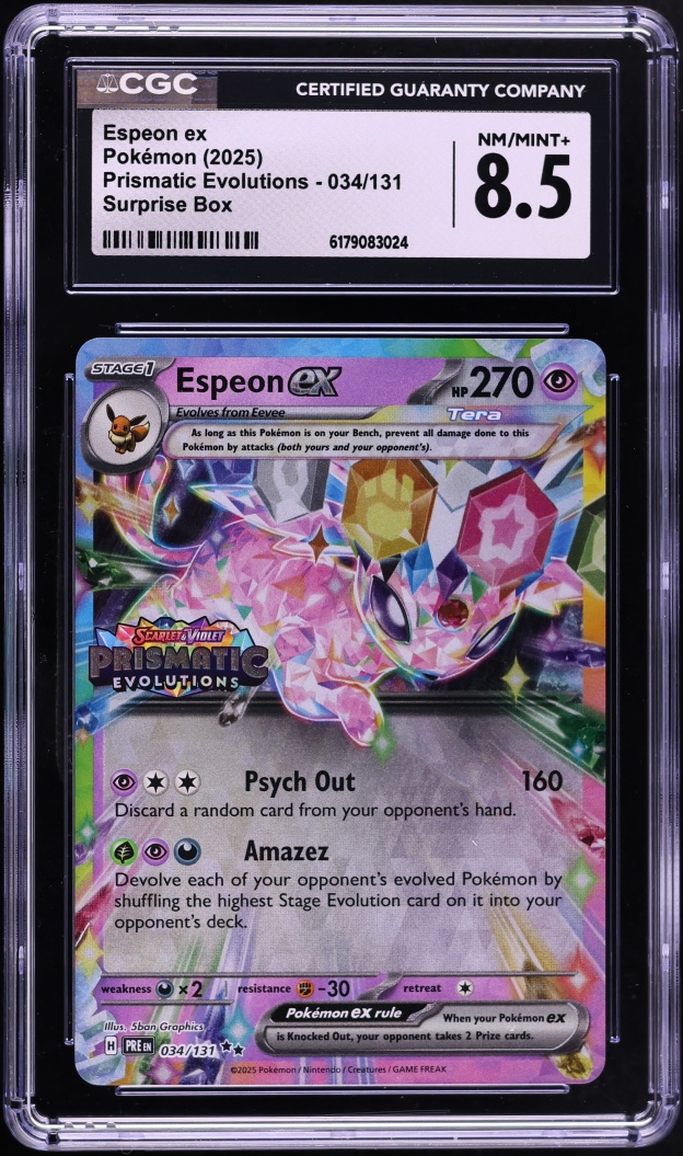 2025 Pokemon Scarlet & Violet Prismatic Evolutions Surprise Box Holo Espeon ex #34 CGC 8.5