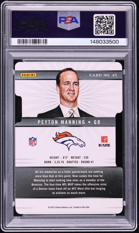 2012 Panini Elite Status Die-Cut Peyton Manning /18 #45 PSA 9 MINT - Photo 2