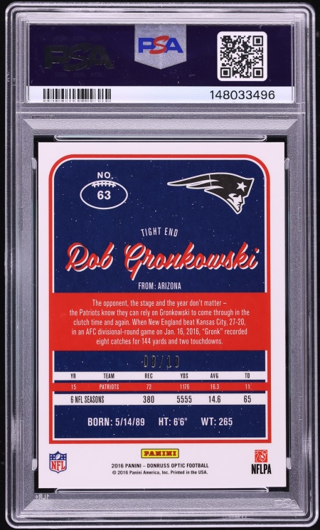 2016 Donruss Optic Gold Rob Gronkowski /10 #63 PSA 9 MINT - Photo 2