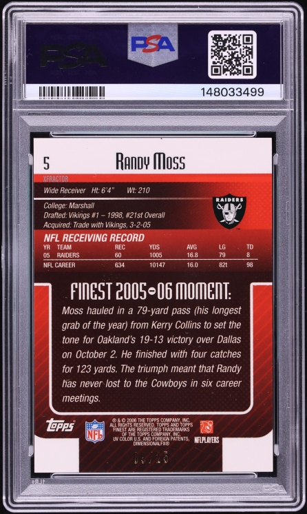 2006 Finest Black Xfractor Randy Moss /25 #5 PSA 10 GEM MINT - Photo 2