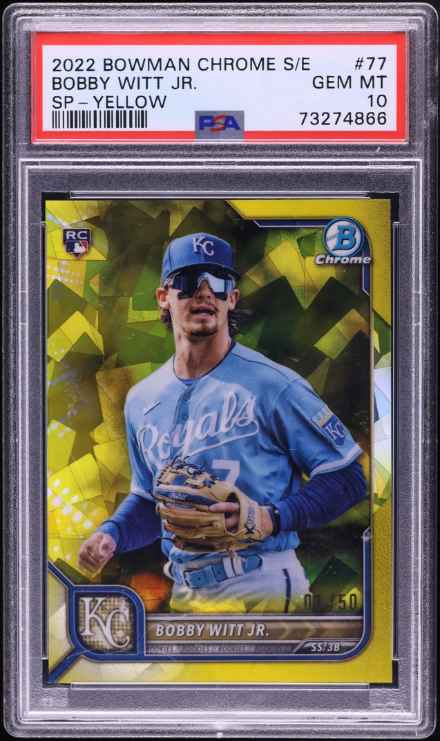 2022 Bowman Chrome Sapphire Edition Yellow Bobby Witt Jr. SP ROOKIE /50 #77 PSA 10 GEM MINT