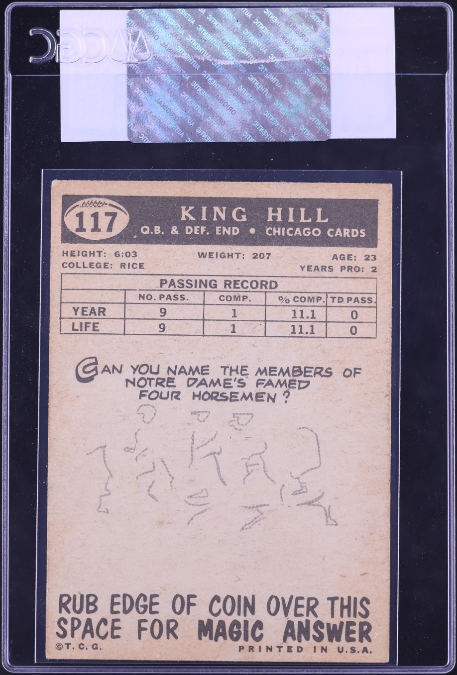 1959 Topps Football King Hill #117 CGC AUTH
