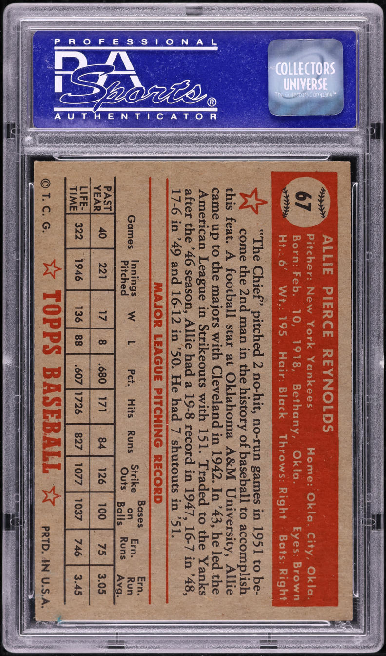 1952 Topps Allie Reynolds #67 PSA 7 NRMT