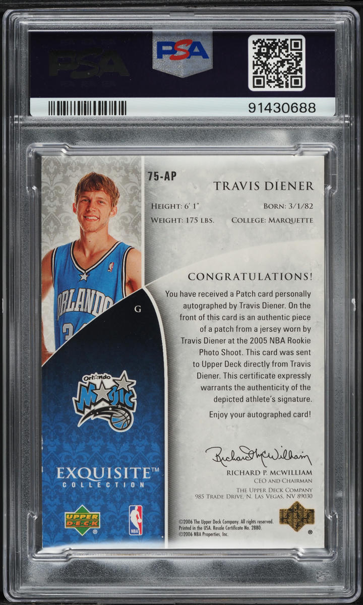 2005 Exquisite Collection Gold Travis Diener ROOKIE PATCH AUTO /34 #75-AP PSA 8