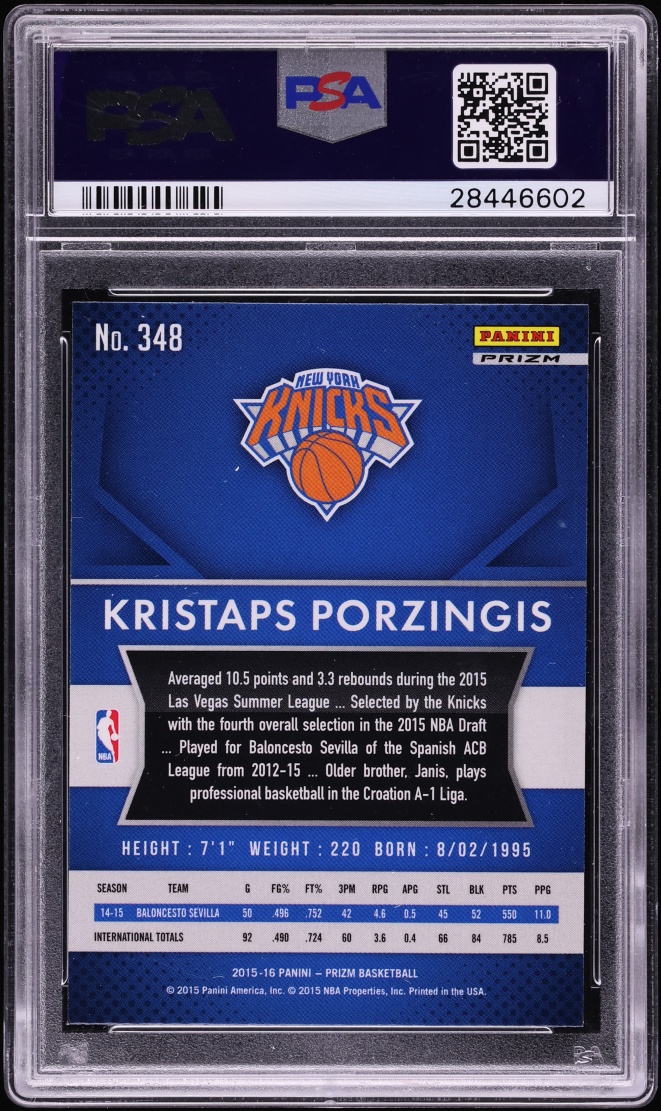 2015 Panini Prizm Silver Kristaps Porzingis ROOKIE #348 PSA 10 GEM MINT