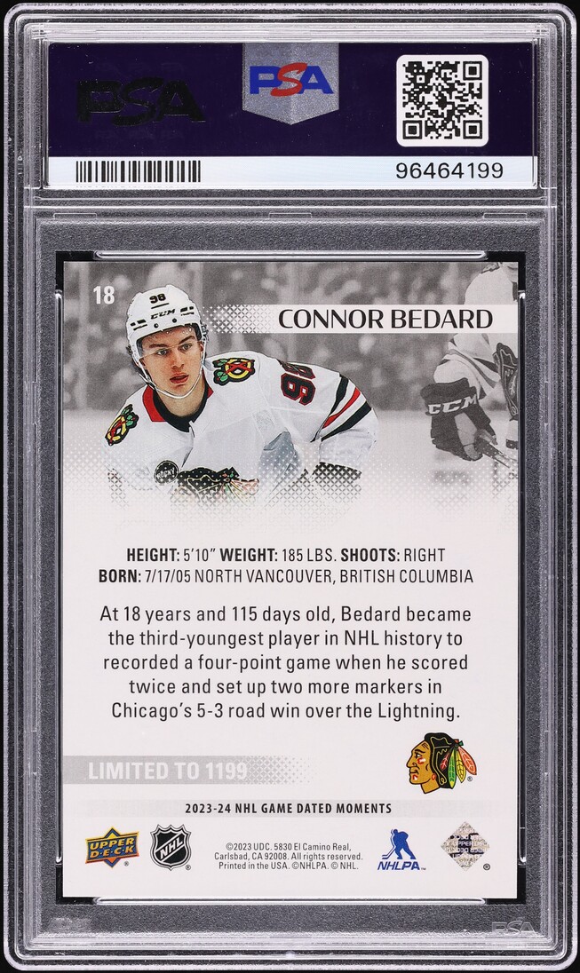 2023 Upper Deck Game Dated Moments Connor Bedard ROOKIE #18 PSA 10 GEM MINT