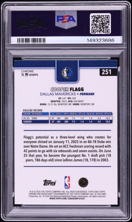 2025 Topps Chrome Raywave Refractor Cooper Flagg ROOKIE #251 PSA 10 GEM MINT - Photo 2