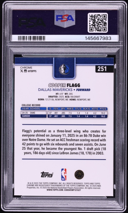 2025 Topps Chrome Xfractor Cooper Flagg ROOKIE #251 PSA 10 GEM MINT - Photo 2