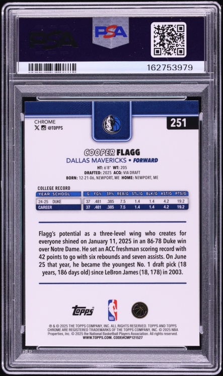 2025 Topps Chrome Basketball Refractor Cooper Flagg ROOKIE #251 PSA 9 MINT - Photo 2