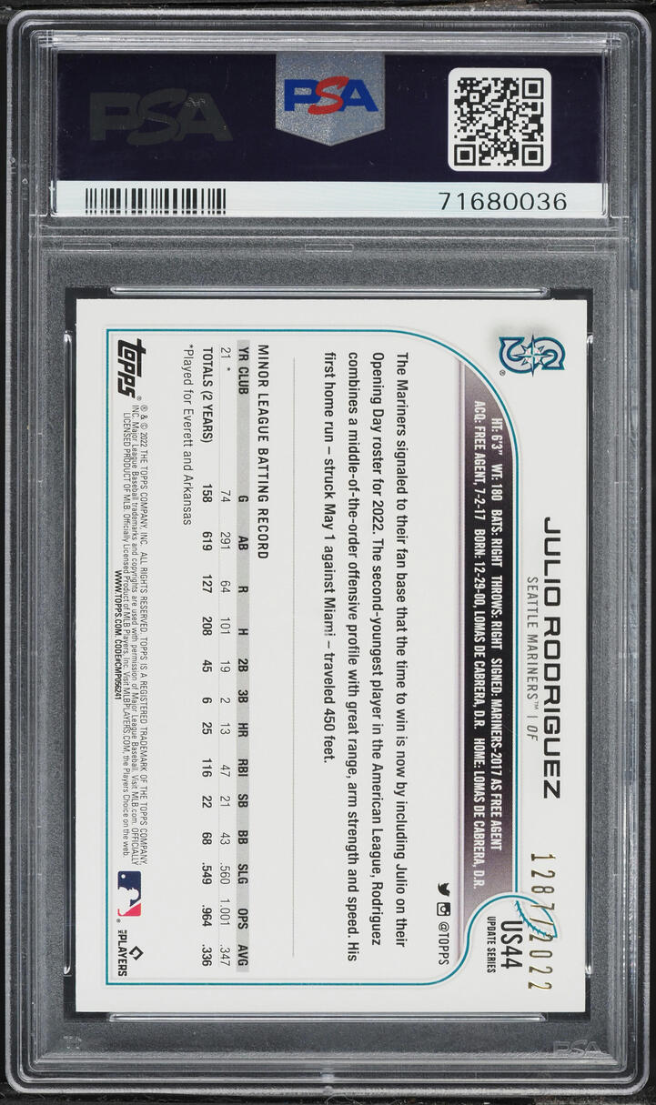 2022 Topps Update Gold Julio Rodriguez ROOKIE /2022 #US44 PSA 10 GEM MINT