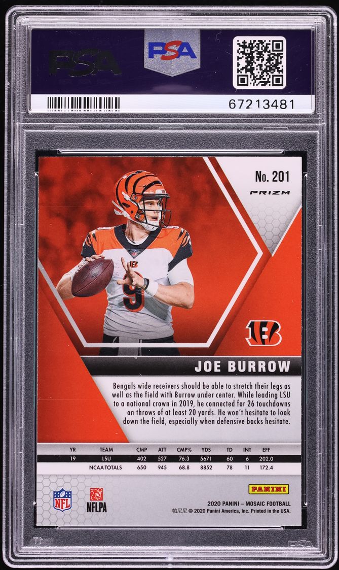 2020 Panini Mosaic Pink Camo Joe Burrow ROOKIE #201 PSA 10 GEM MINT