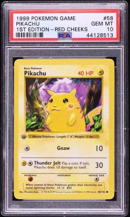 1999 Pokemon Base Set Shadowless 1st Edition Red Cheeks Pikachu #58 PSA 10 GEM MINT