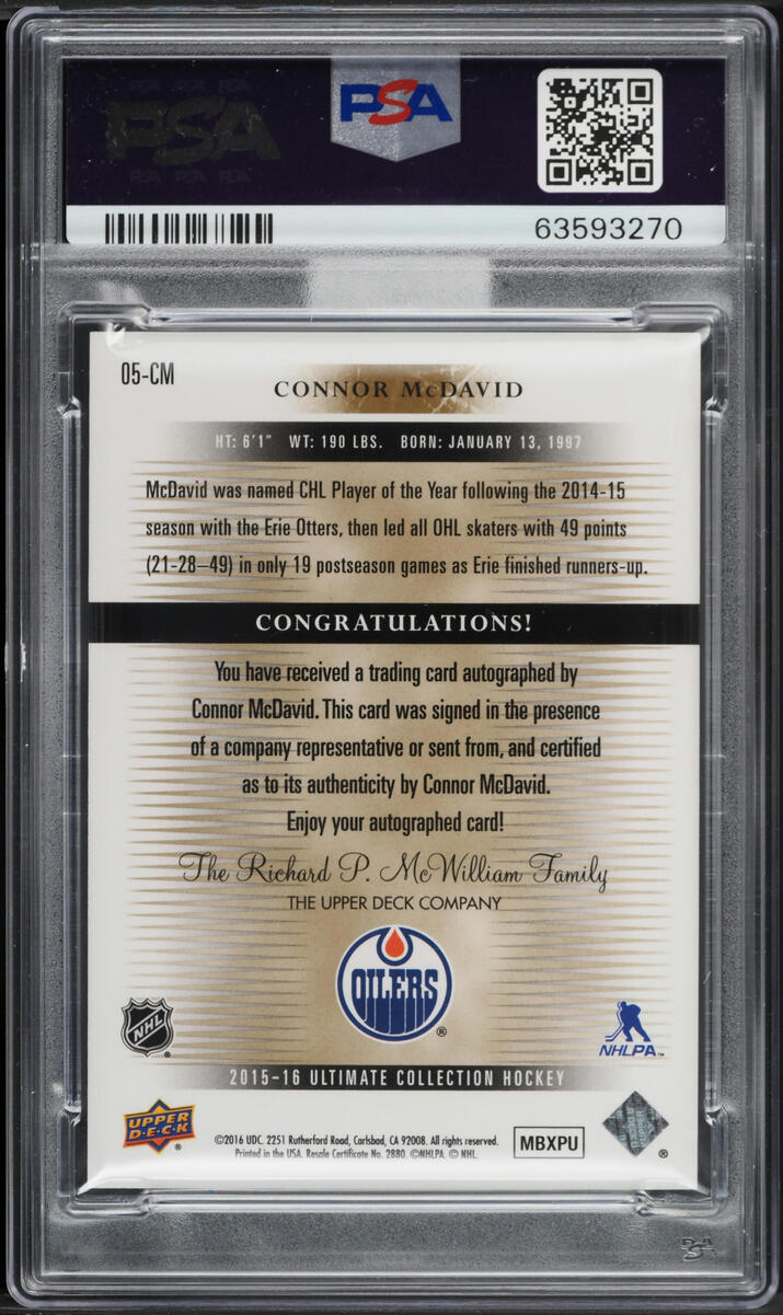 2015 Ultimate Collection '05 Connor McDavid ROOKIE AUTO DNA 10 /175 MBA PSA 9