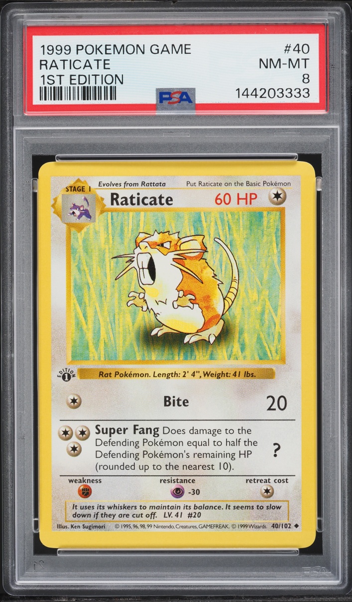 1999 Pokemon Base Set Holo Shadowless 1st Edition Raticate #40 PSA 8 NM-MT