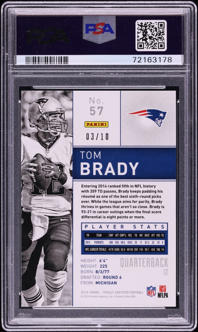 2014 Totally Certified Mirror Platinum Blue Tom Brady /10 #57 PSA 10 GEM MINT - Photo 2