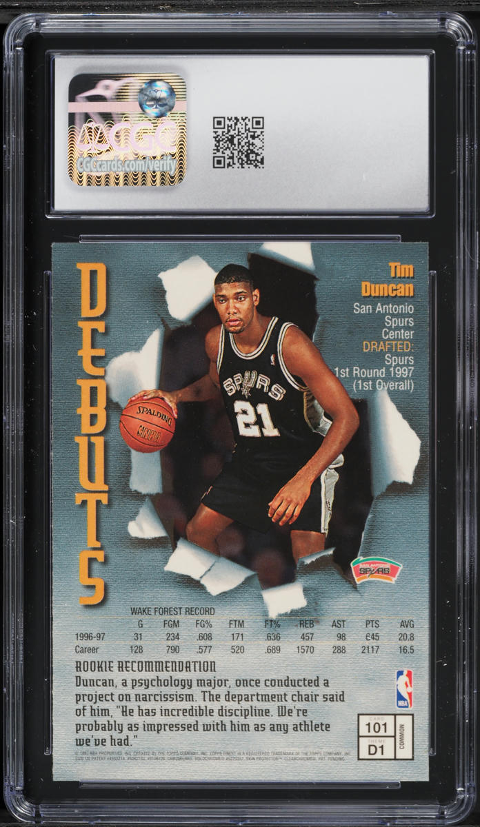 1997 Finest Basketball w/ Coating Tim Duncan #101 CGC 7.5 NRMT+