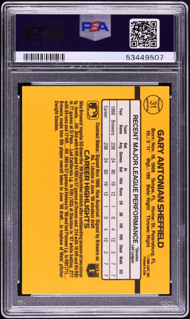 1989 Donruss Gary Sheffield ROOKIE #31 PSA 10 GEM MINT