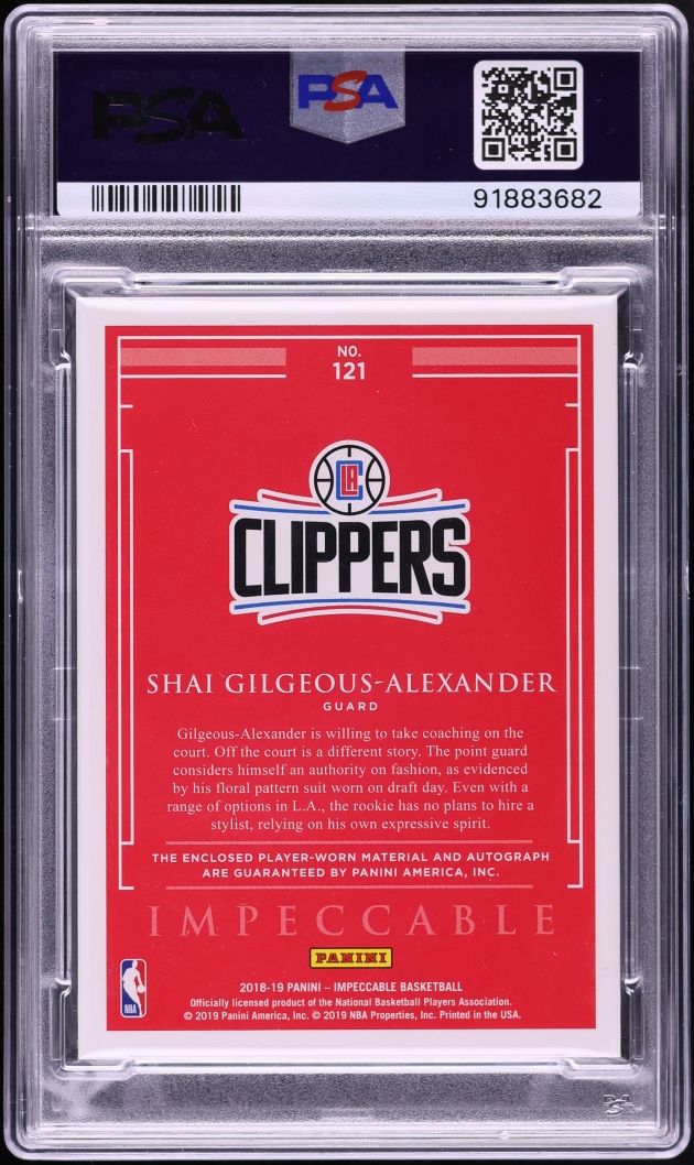 2018 Panini Impeccable Shai Gilgeous-Alexander ROOKIE PATCH AUTO /99 #121 PSA 10 GEM MINT