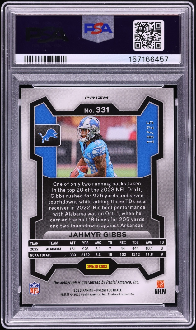 2023 Panini Prizm Camo Jahmyr Gibbs ROOKIE AUTO /25 #331 PSA 10 GEM MINT