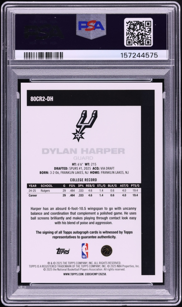 2025 Topps Chrome Silver Pack '80 Black Dylan Harper ROOKIE AUTO #80CR2-DH PSA 10 GEM MINT
