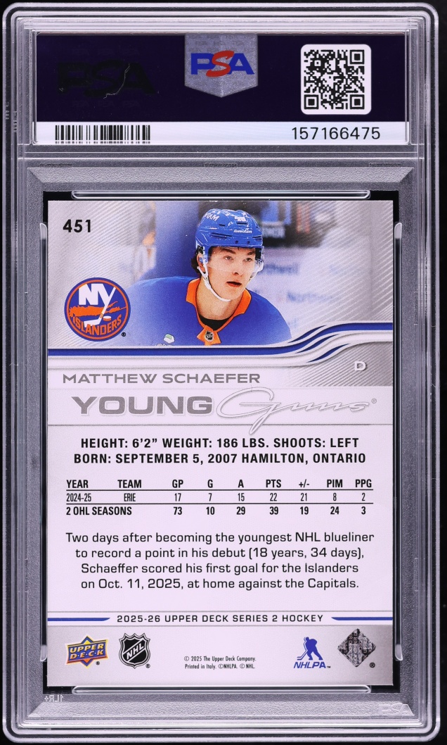 2025 Upper Deck Young Guns Matthew Schaefer ROOKIE #451 PSA 10 GEM MINT
