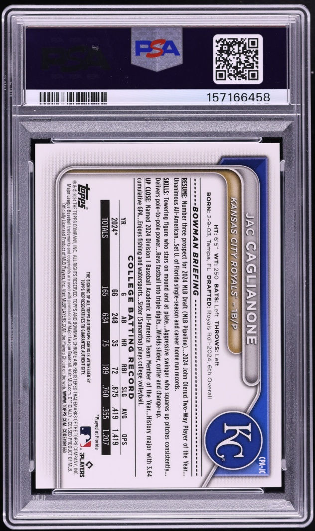 2024 Bowman Chrome Draft Jac Caglianone PROSPECT AUTO #CPA-JC PSA 10 GEM MINT