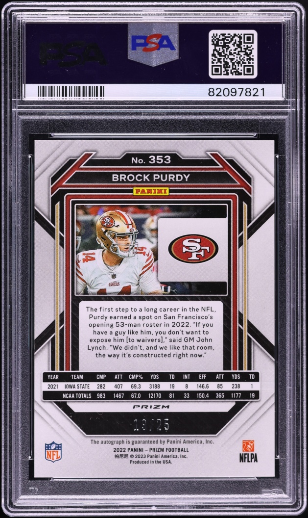 2022 Panini Prizm Blue Shimmer Brock Purdy ROOKIE AUTO /25 #353 PSA 10 GEM MINT