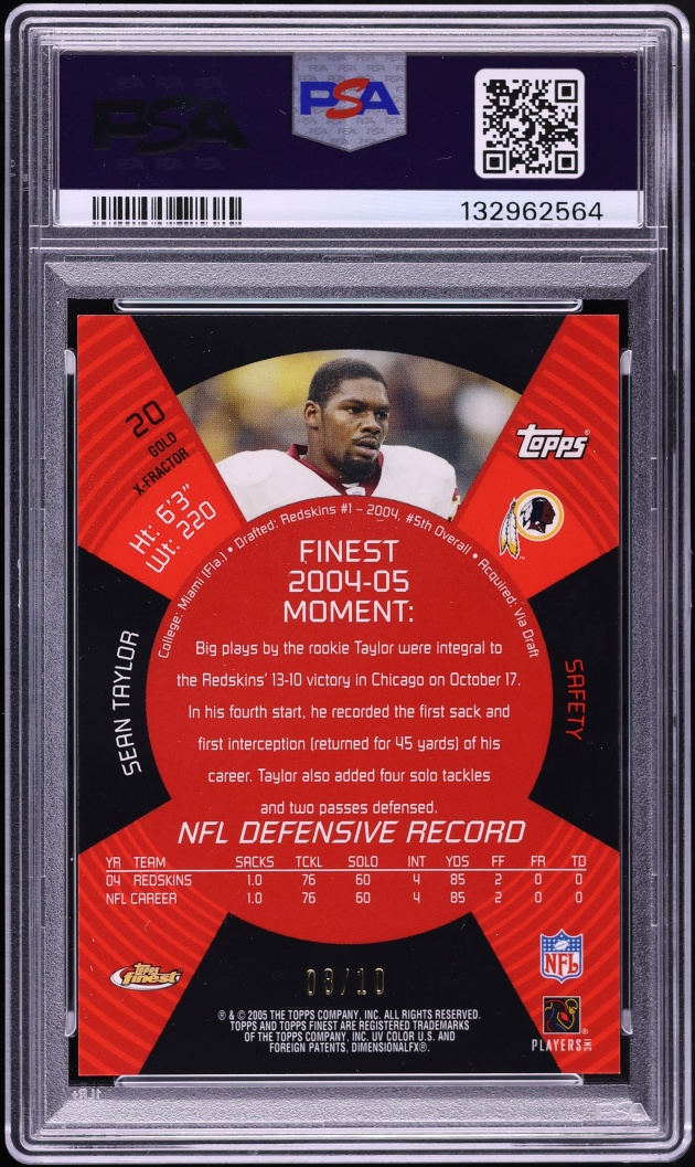 2005 Finest Gold Xfractor Sean Taylor /10 #20 PSA 10 GEM MINT