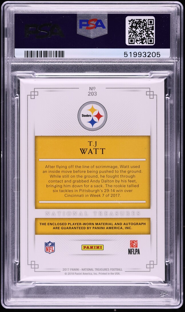 2017 National Treasures T.J. Watt ROOKIE PATCH AUTO /99 #203 PSA 9 MINT