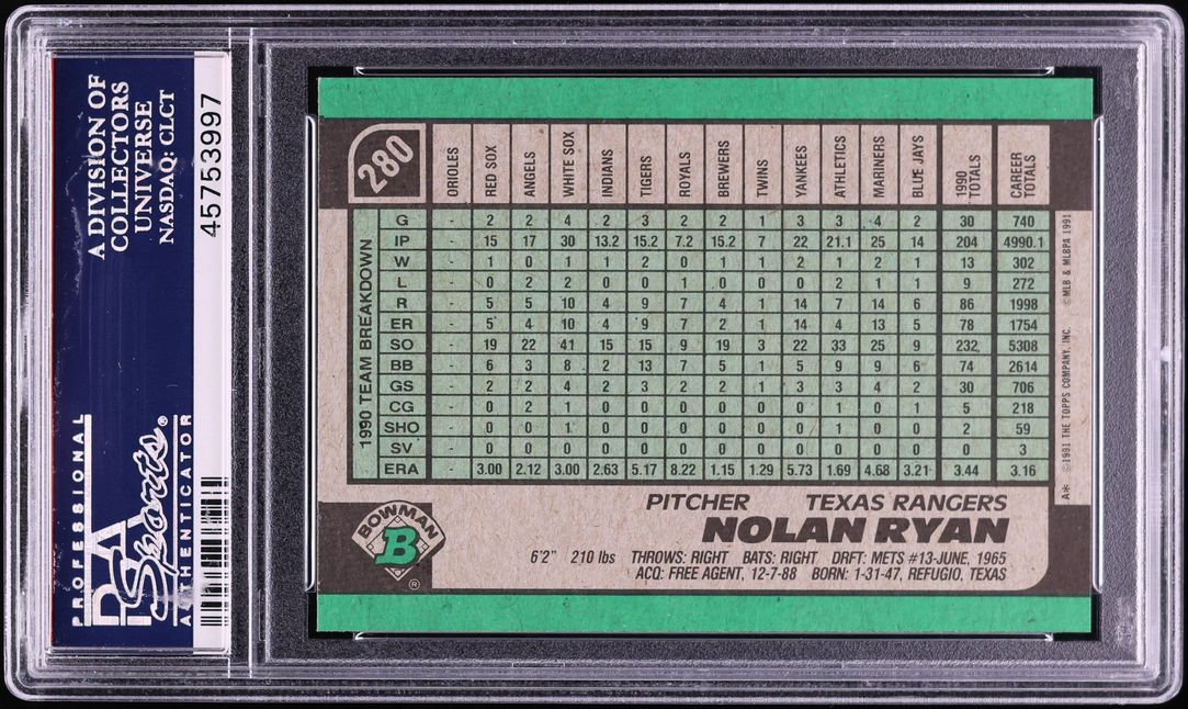1991 Bowman Nolan Ryan #280 PSA 10 GEM MINT