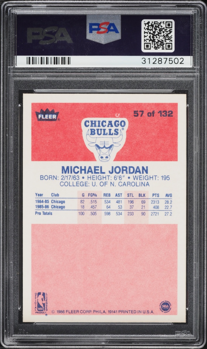 1986 Fleer Basketball Michael Jordan ROOKIE #57 PSA 8 NM-MT