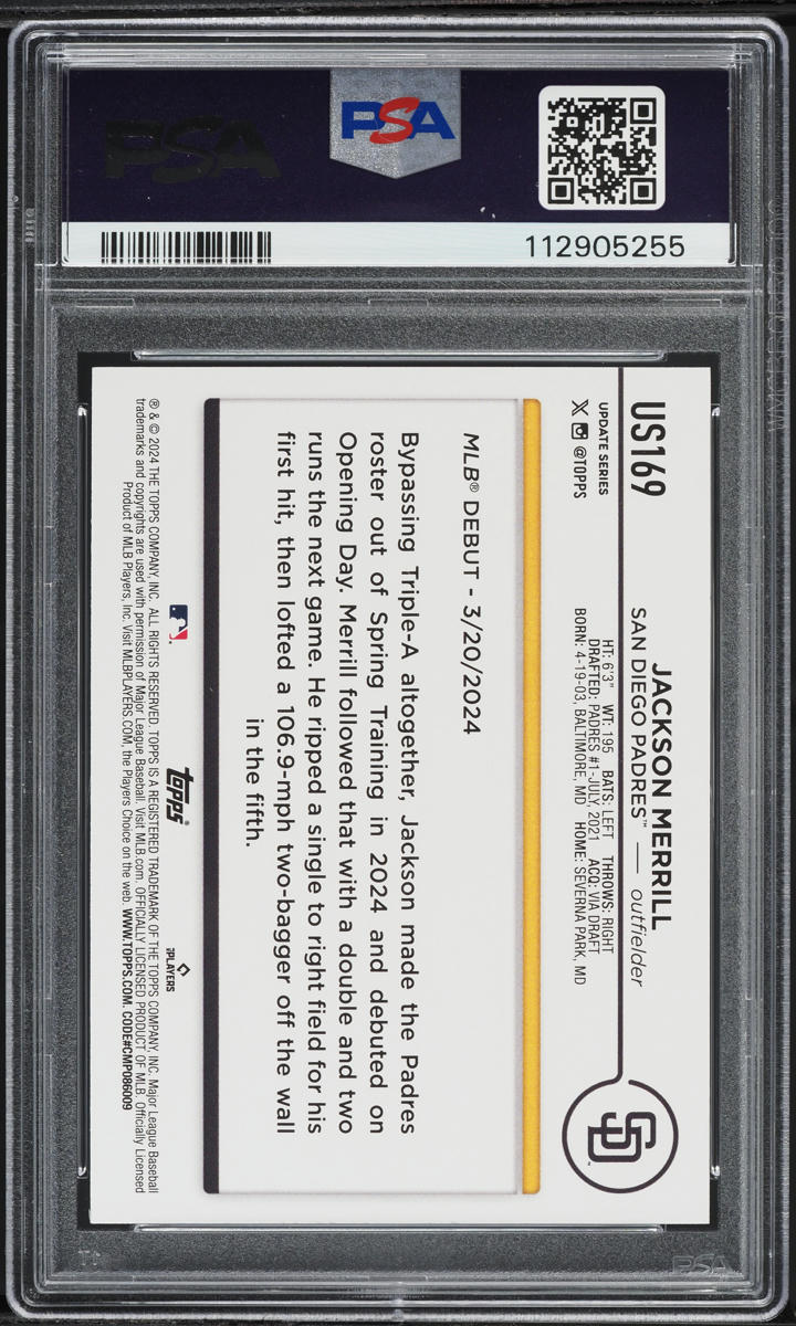 2024 Topps Update Jackson Merrill ROOKIE #US169 PSA 10 GEM MINT
