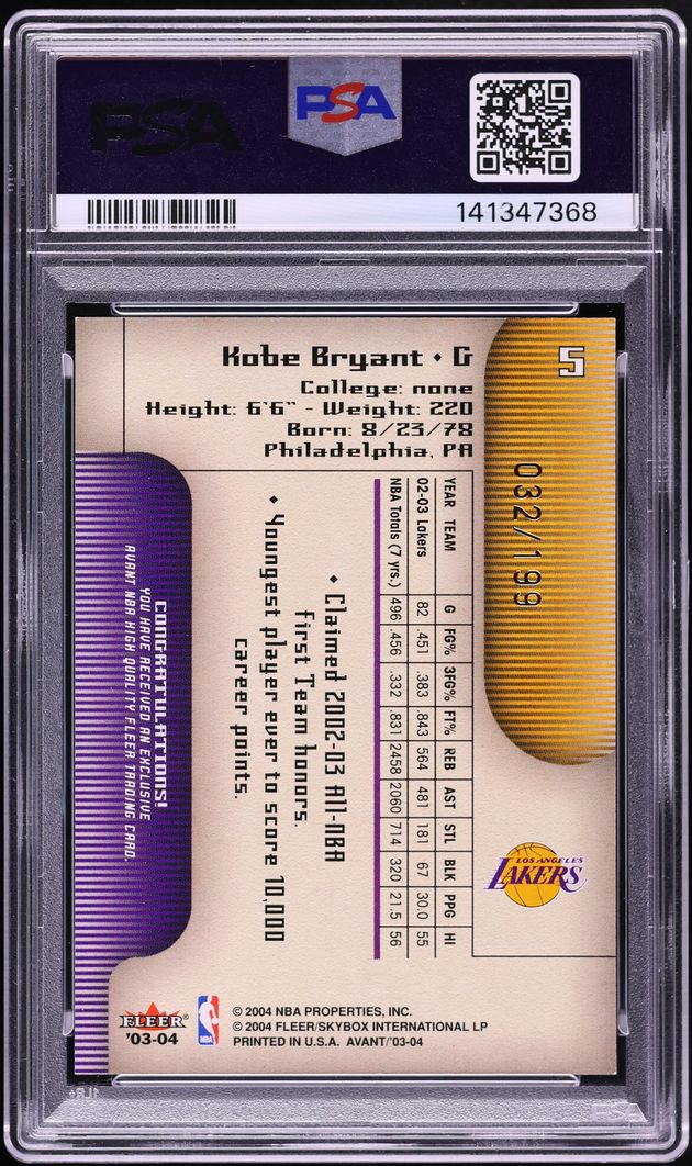 2003 Fleer Avant Black And White Kobe Bryant /199 #5 PSA 7 NRMT - Photo 2