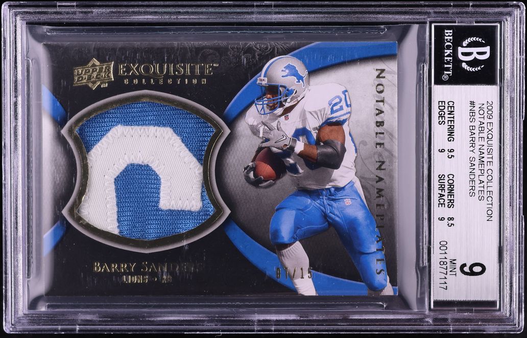 2009 Exquisite Collection Notable Nameplates Barry Sanders PATCH /15 #N-BS BGS 9 MINT - Photo 1