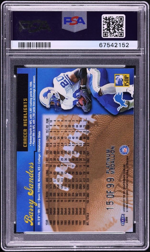 1999 Ultra Platinum Medallion Barry Sanders /99 #150P PSA 8 NM-MT - Photo 2