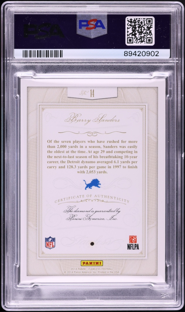 2014 Panini Flawless Diamond Gems Barry Sanders /20 #14 PSA 10 GEM MINT - Photo 2
