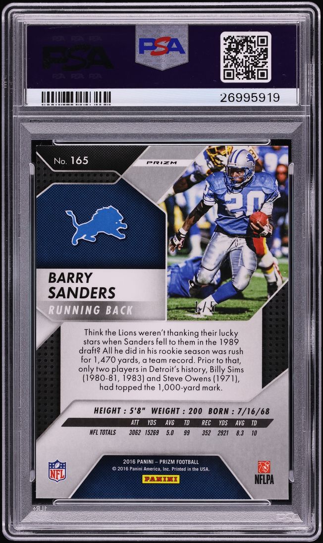 2016 Panini Prizm Gold Vinyl Barry Sanders 1/5 #165 PSA 10 GEM MINT - Photo 2