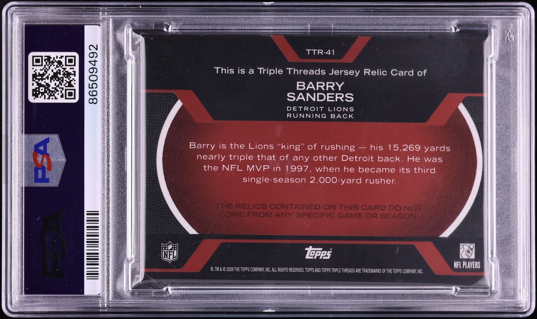 2008 Topps Triple Threads Red Barry Sanders PATCH AUTO /17 #TTR-41 PSA/DNA AUTH - Photo 2