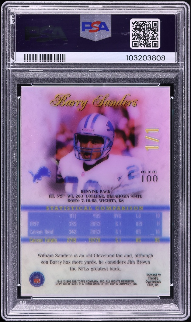 1998 Topps Gold Label Class 2 Barry Sanders 1/1 #100 PSA 8 NM-MT - Photo 2