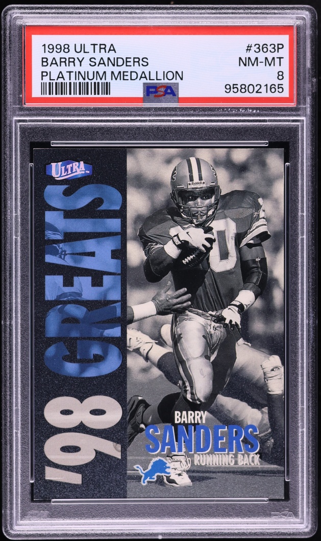 1998 Ultra Platinum Medallion Barry Sanders /98 #363P PSA 8 NM-MT - Photo 1