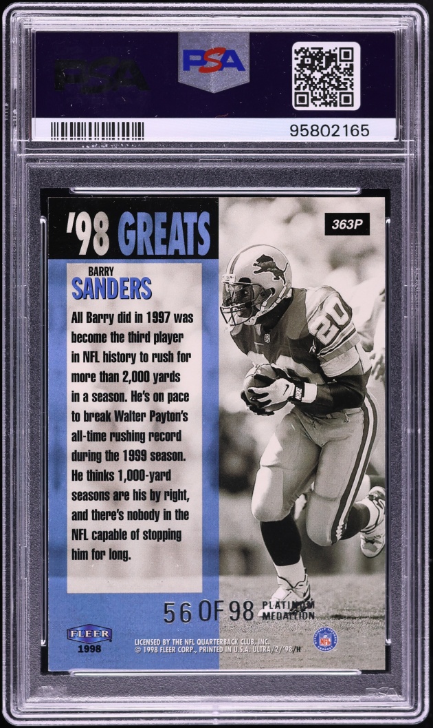 1998 Ultra Platinum Medallion Barry Sanders /98 #363P PSA 8 NM-MT - Photo 2