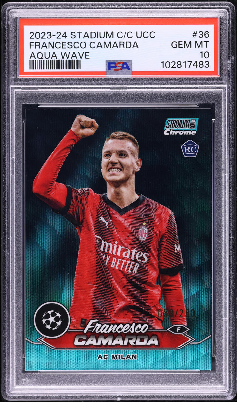 2023 Stadium Club Chrome UEFA Aqua Wave Francesco Camarda RC /250 #36 PSA 10 GEM