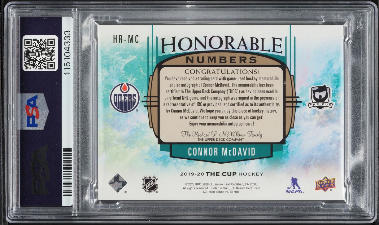 2019 Upper Deck The Cup Honorable Numbers Connor McDavid PATCH AUTO /7 PSA 8